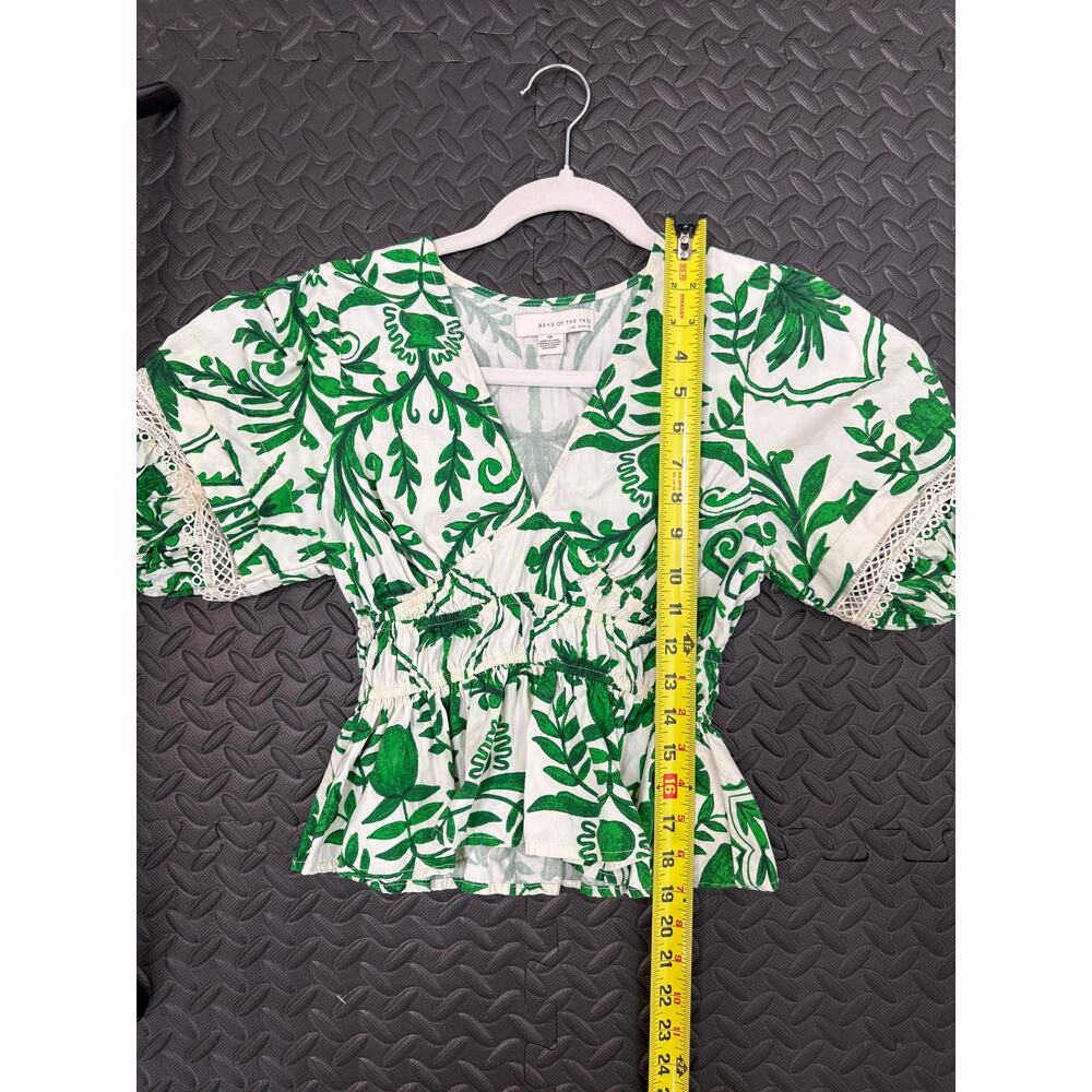 Green Botanical Blouse Euro Summer Peplum Puff Sleeve Cottagecore Top - Picture 6 of 8